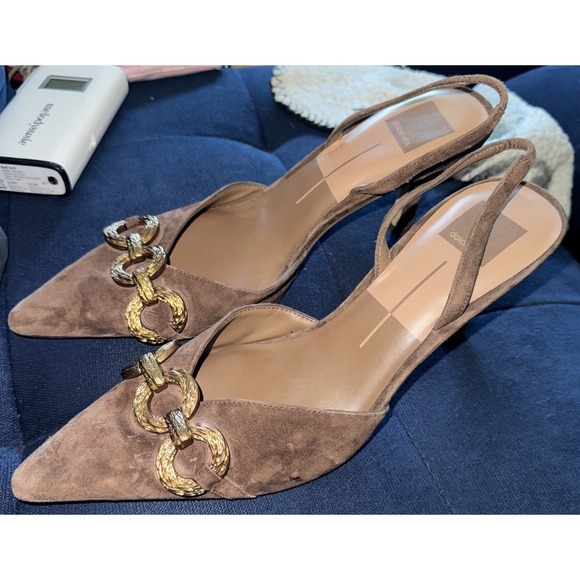 NWOT Dolce Vita Haylee Dark Brown Suede Leather Slingback Pumps Gold Accents HTF - Picture 1 of 7
